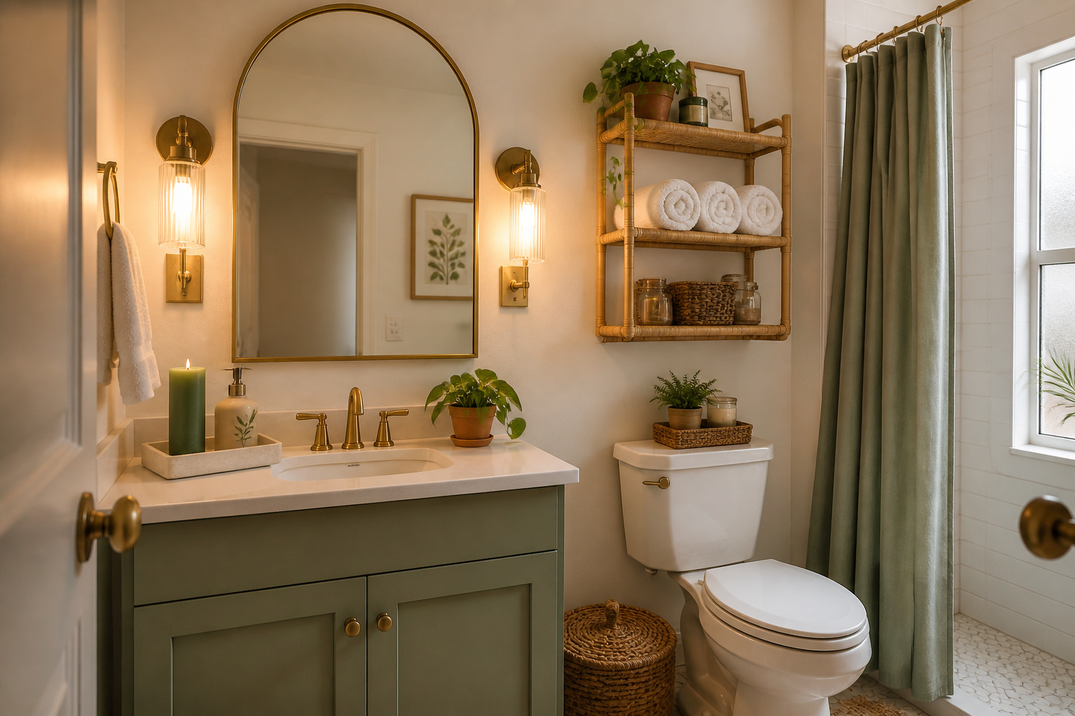 A thoughtfully styled apartment bathroom showing how renter-friendly decor — arched mirror, plug-in sconces, bamboo etagere, and sage green textiles — transforms a builder-grade space into something that feels genuinely personal.