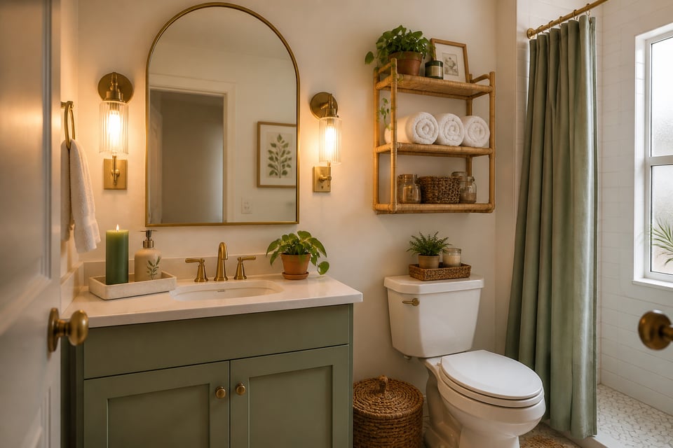 A thoughtfully styled apartment bathroom showing how renter-friendly decor — arched mirror, plug-in sconces, bamboo etagere, and sage green textiles — transforms a builder-grade space into something that feels genuinely personal.