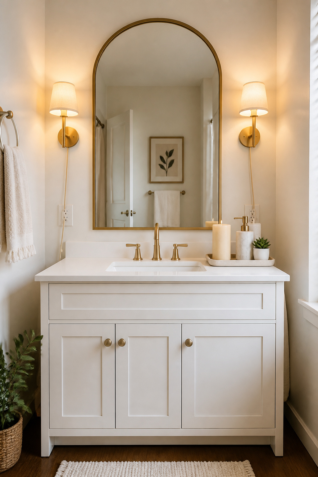 An arched brass-framed mirror mounted over a basic white vanity transforms the proportions of the entire bathroom while warm flanking sconces eliminate the harsh overhead shadow problem common in rentals.