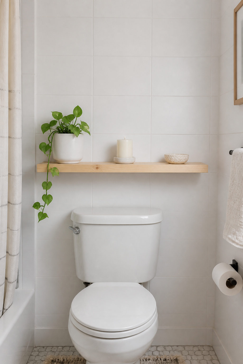 A natural pine floating shelf above the toilet, mounted with Command Bath strips and styled with a pothos, candle, and ceramic dish, adds a display zone without a single nail hole.