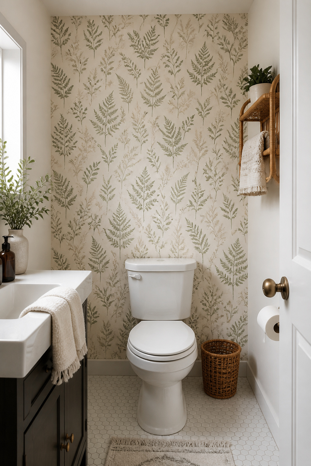 A matte botanical peel-and-stick wallpaper transforms the wall behind the toilet into the bathroom's most interesting design moment — zero drilling, fully removable.