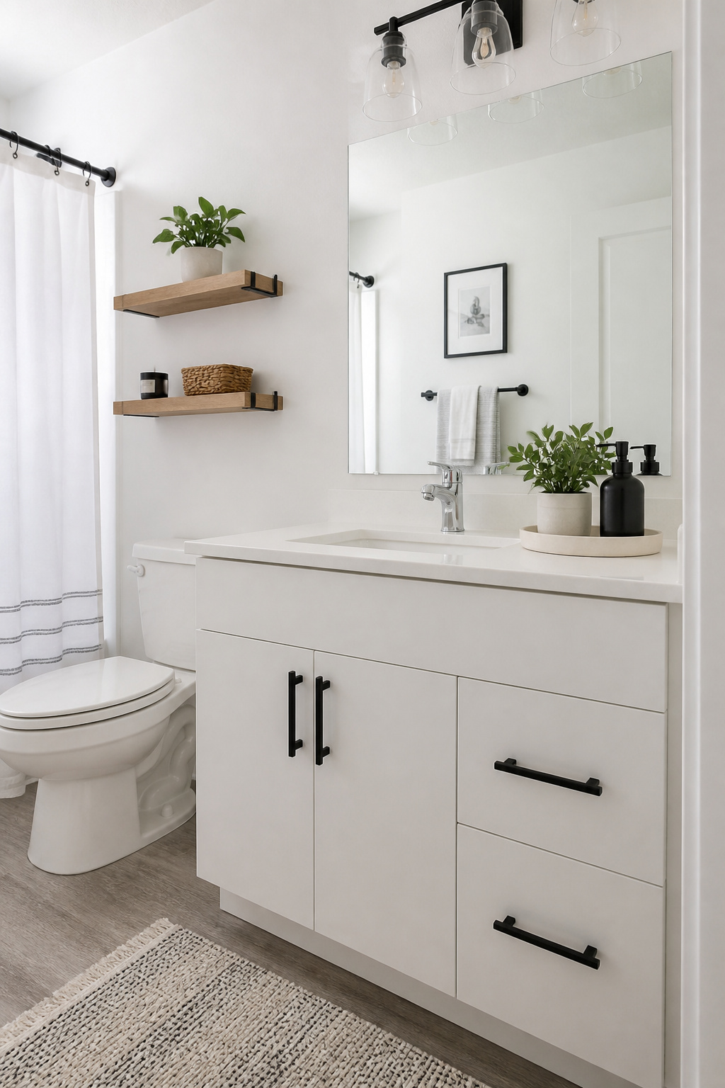 Matte black bar pulls replace builder-grade chrome knobs on a standard white laminate vanity — a 10-minute, under-$25 change that makes the cabinet read as intentionally contemporary rather than rental-standard.