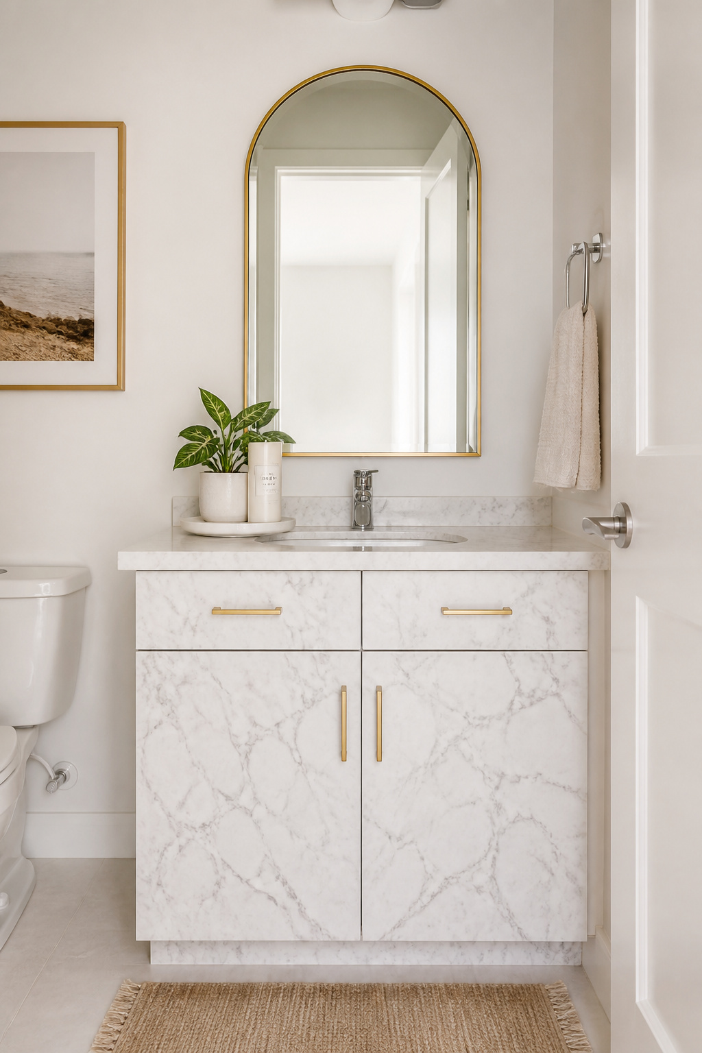 Matte Carrara marble-effect contact paper applied to dated laminate vanity doors and countertop creates a convincing stone finish for under $25 — fully removable on move-out day.