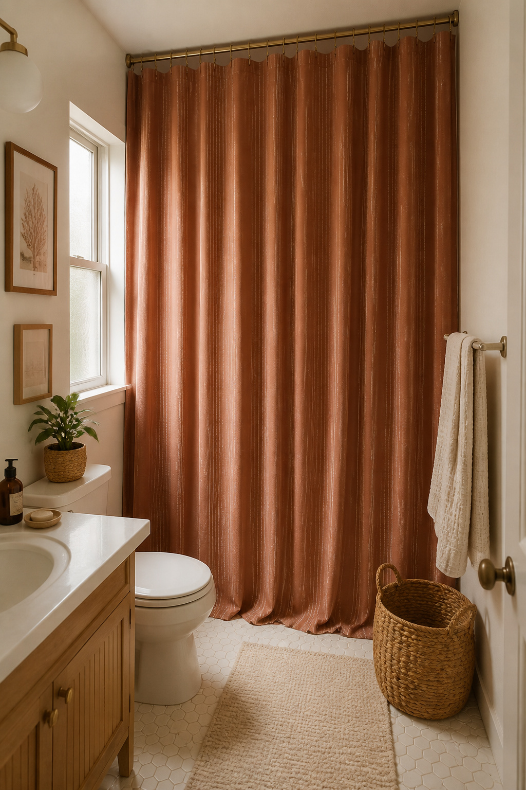 Hanging a terracotta linen shower curtain at ceiling height — with brushed brass rings — makes an apartment bathroom feel significantly taller while anchoring the room's entire warm color palette.