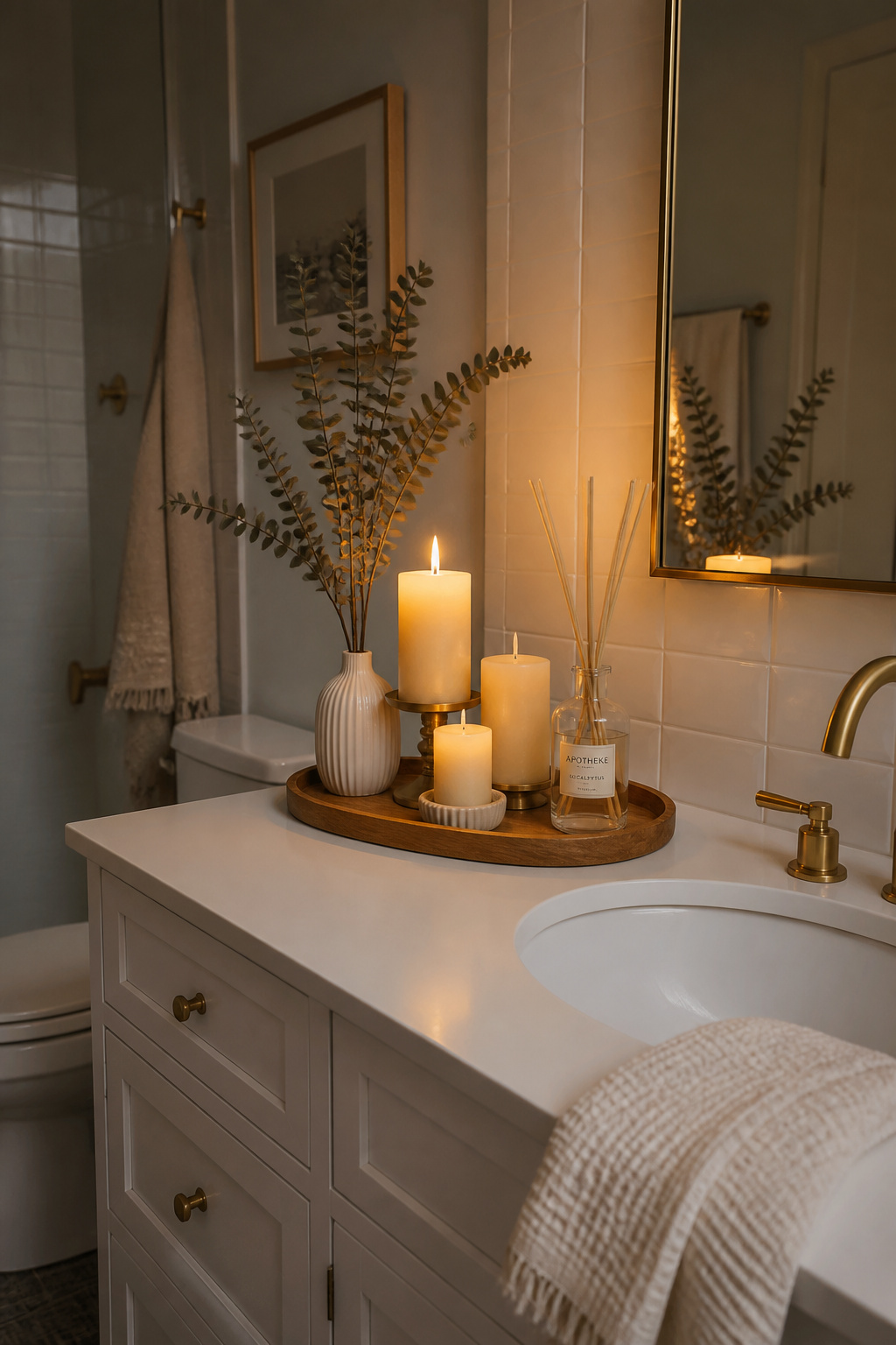 A candle cluster in varying heights, a reed diffuser, and dried eucalyptus stems styled on a wood tray bring a multisensory spa atmosphere to a basic apartment bathroom countertop.