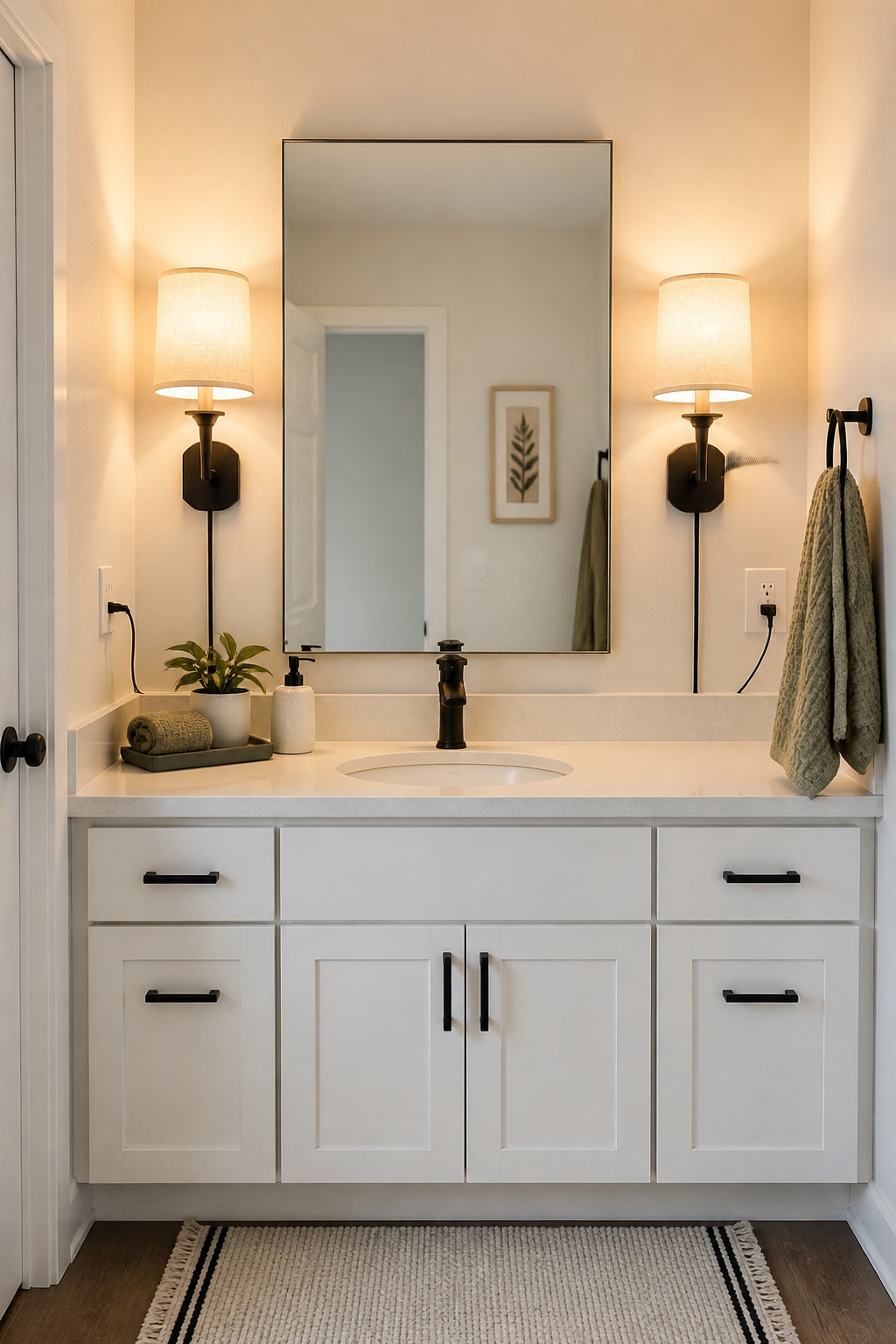 Plug-in wall sconces in matte black flanking the vanity mirror replace harsh overhead lighting with warm, flattering side light — no electrician, no drilling beyond two small screws per sconce.