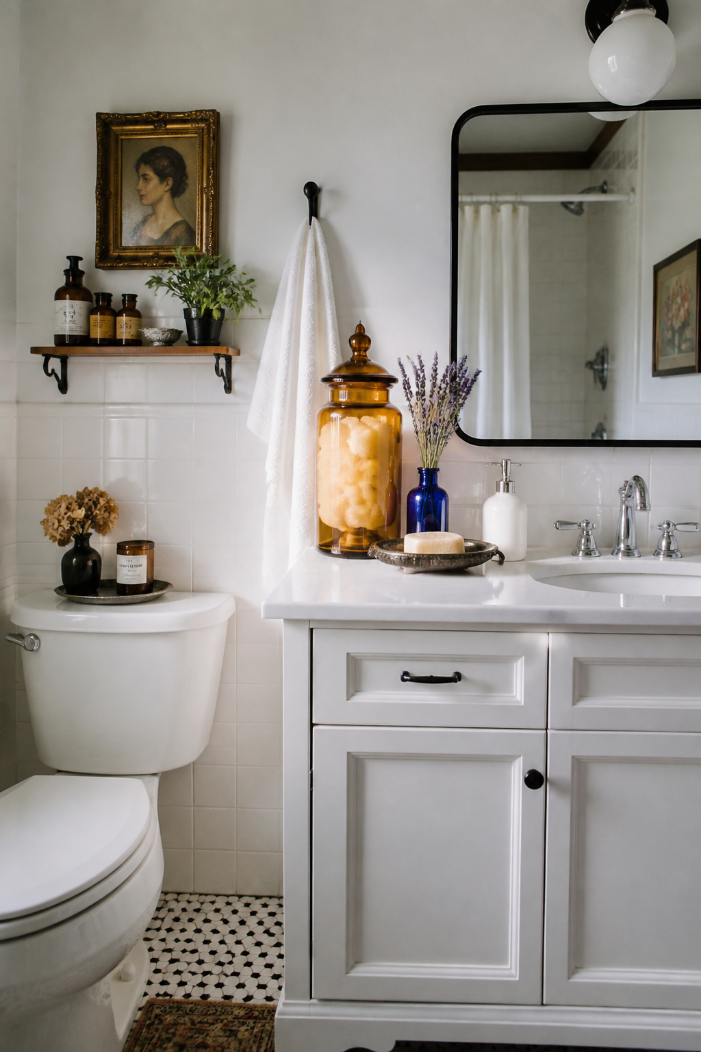 An amber apothecary jar, cobalt glass bottle, and silver-plate soap dish from the thrift store add more personality to a rental bathroom than an entire matching set from a big-box retailer.