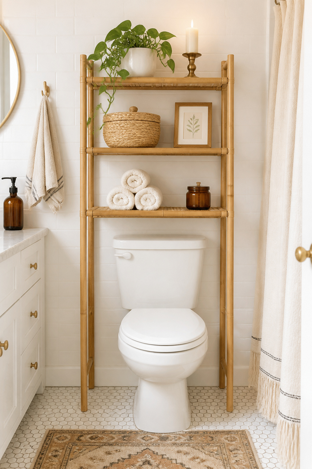 A slim bamboo over-toilet etagere turns unused vertical space into styled storage — top shelf stays decorative while lower shelves handle the functional basics behind closed baskets.