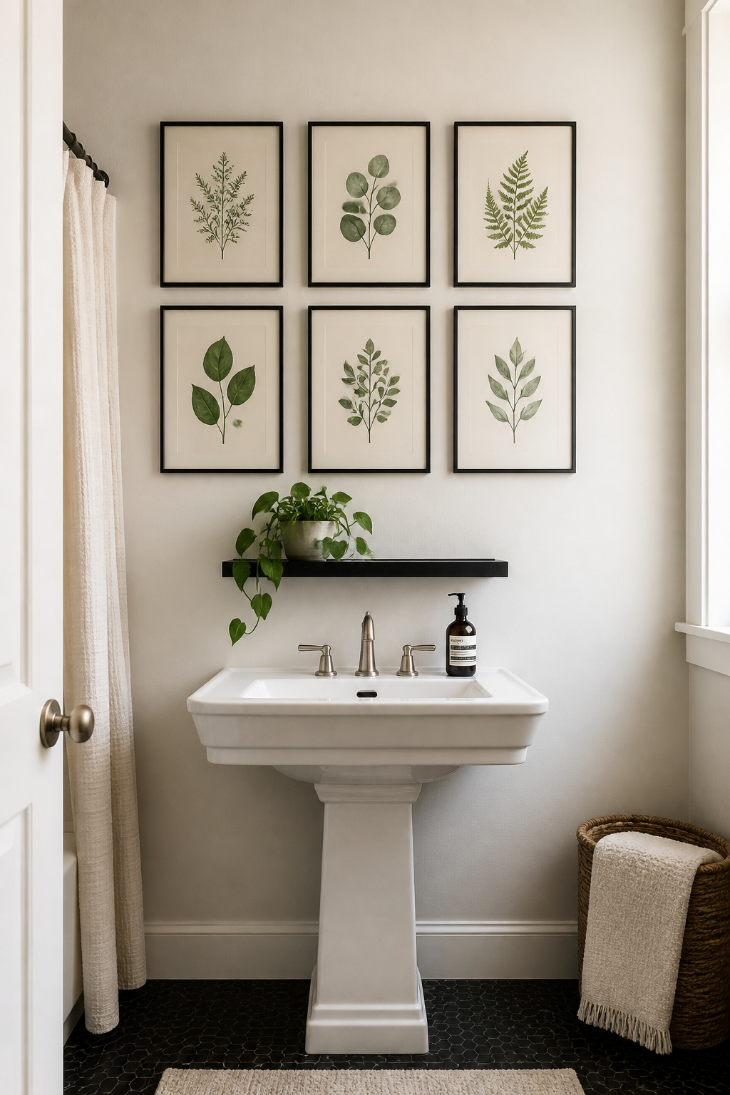 A 2x3 grid of matching black metal frames with botanical prints transforms a blank bathroom wall into a curated gallery — all hung with Command strips, no holes needed.