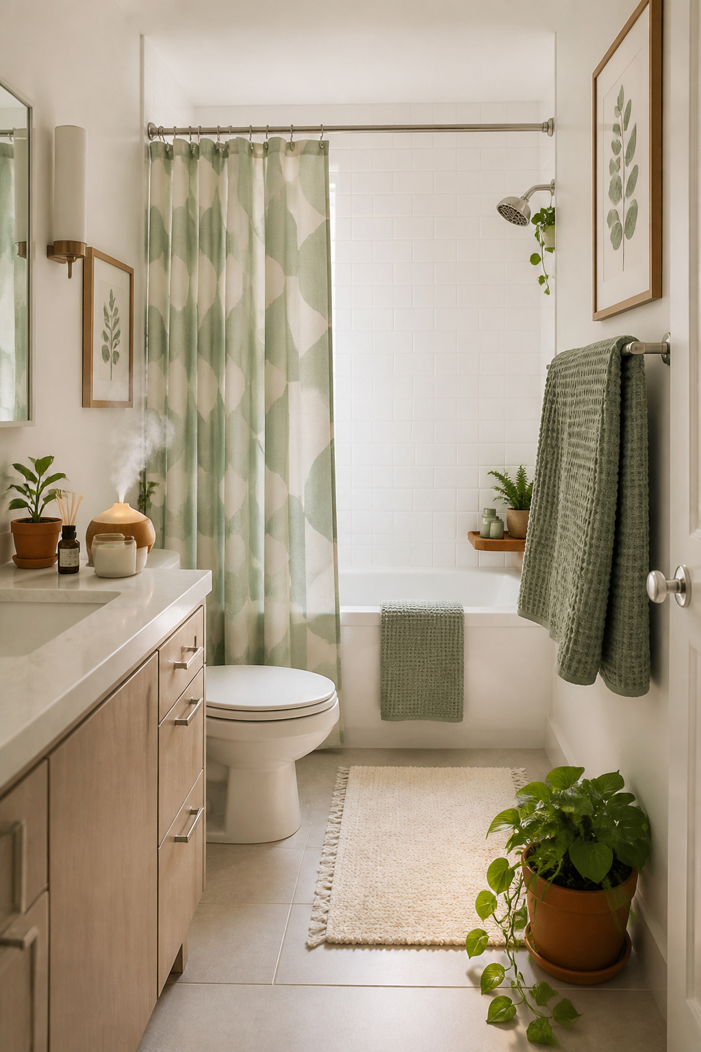A sage green and warm cream color palette chosen for its calming psychological associations transforms a basic apartment bathroom into a restorative morning environment.