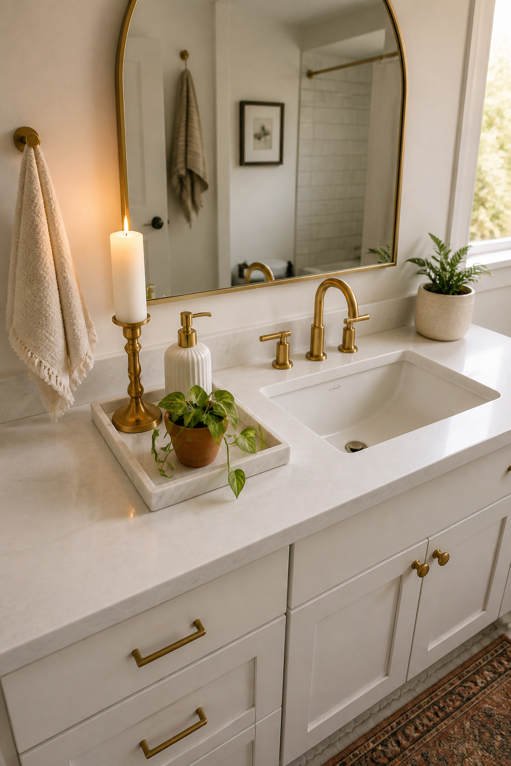 A white marble tray holding a tall candle, ceramic soap pump, and small pothos applies the rule of three on a bathroom countertop — the tray transforms four individual items into one curated vignette.