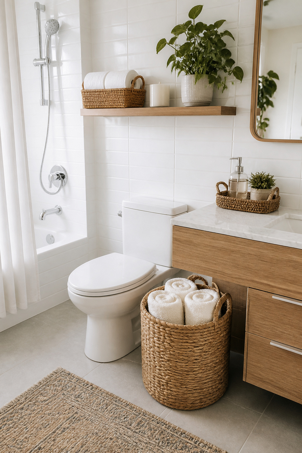 Seagrass floor baskets, rattan shelf organizers, and a woven countertop tray add layered natural warmth to a hard-surfaced apartment bathroom — each piece earns its place as both storage and decor.