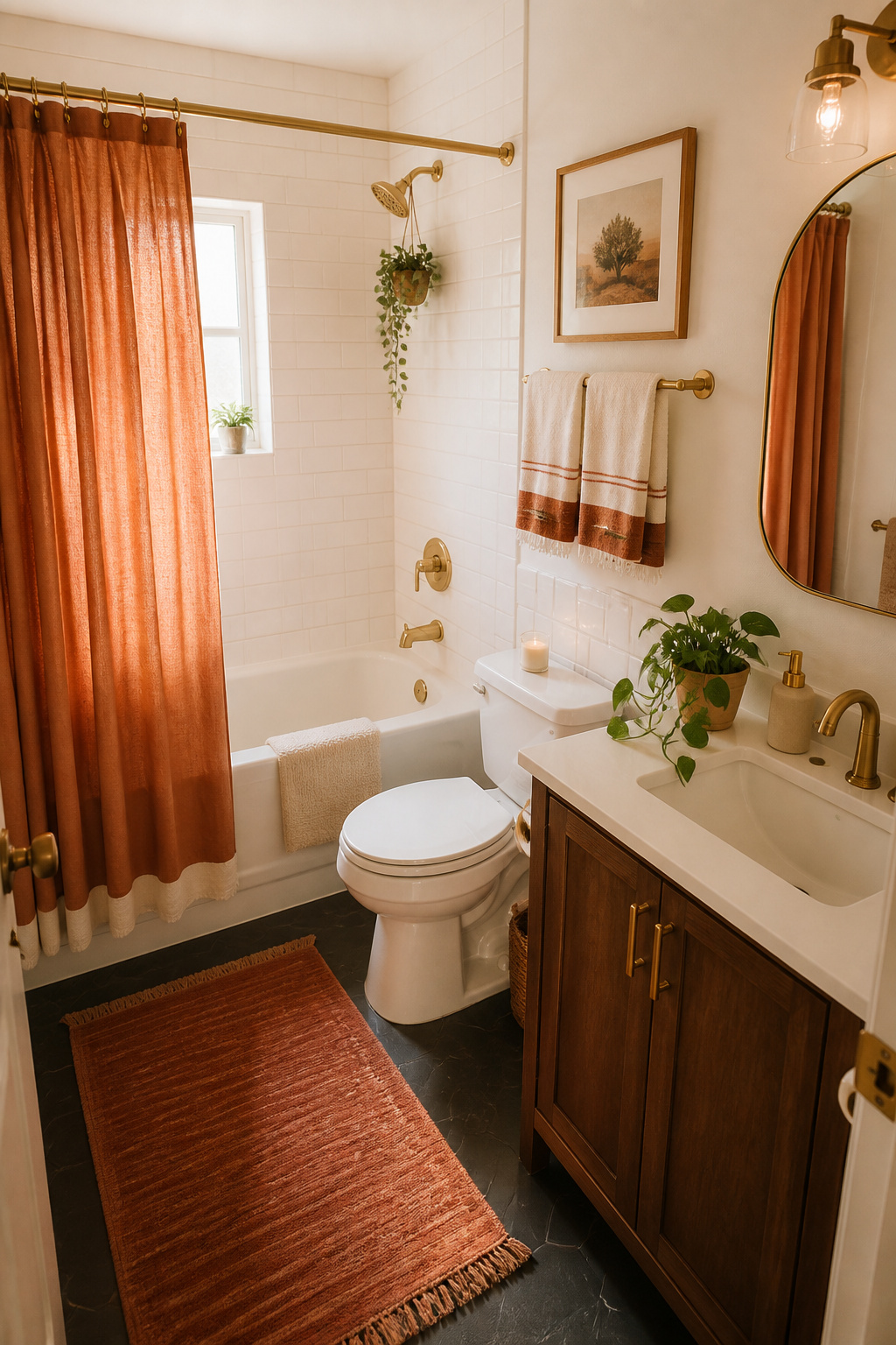 A complete cohesive apartment bathroom color story — white tile as the 60% base, terracotta textiles as the 30% secondary palette, and brass hardware as the 10% accent — shows how the 60-30-10 rule creates a designed room from renter-friendly pieces.