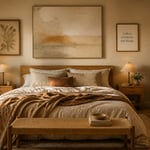 A beautifully layered bedroom art arrangement — soft abstract canvas, pressed botanical, and typographic print — demonstrating that simple bedroom art choices, thoughtfully combined, transform a wall into a personal landscape.