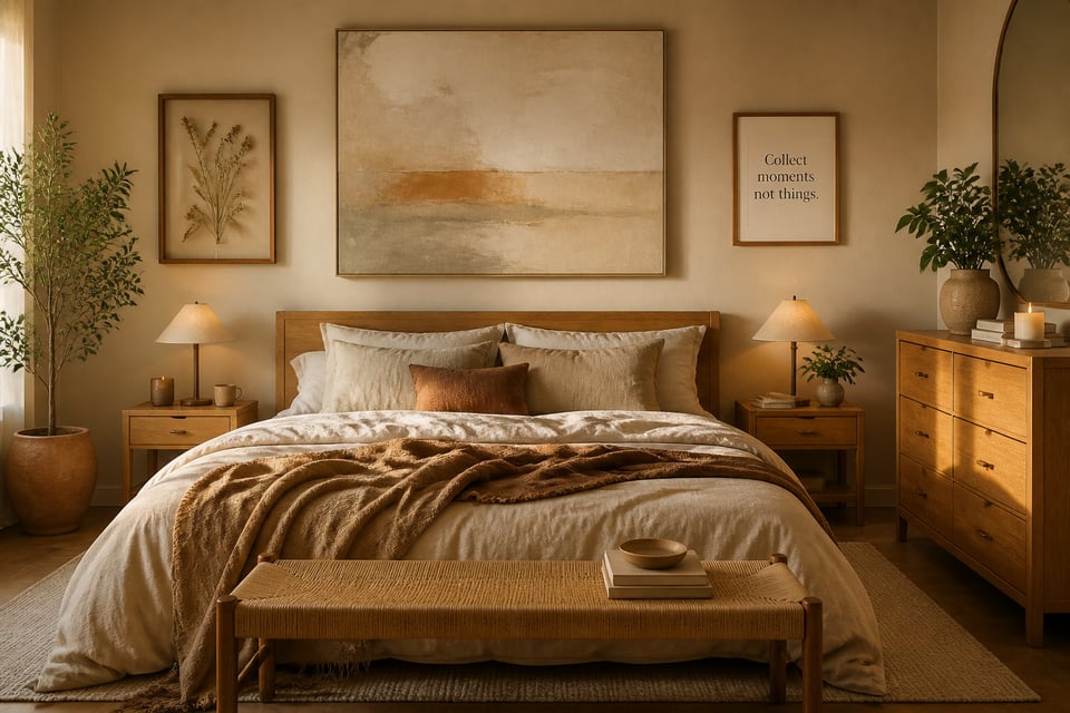 A beautifully layered bedroom art arrangement — soft abstract canvas, pressed botanical, and typographic print — demonstrating that simple bedroom art choices, thoughtfully combined, transform a wall into a personal landscape.