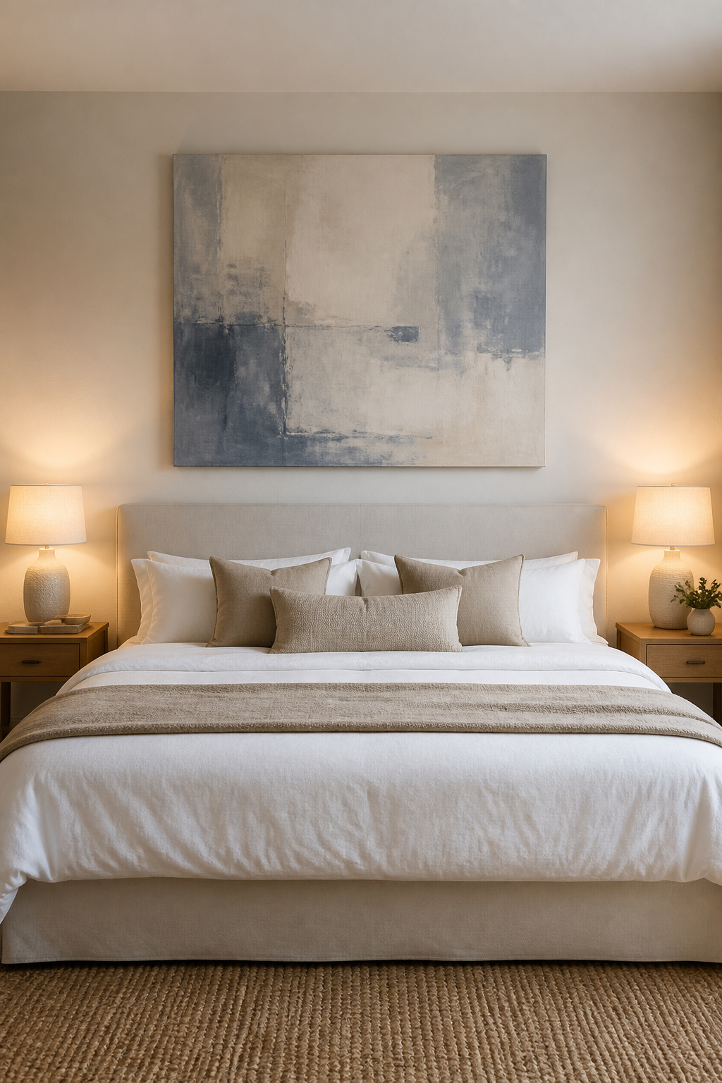 A single large abstract canvas spanning two-thirds of the headboard width — the simplest and often the most powerful bedroom art decision.
