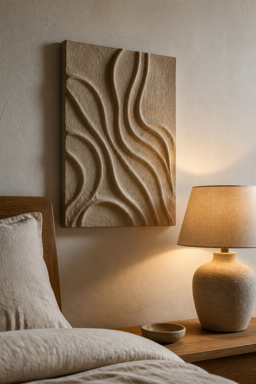 A handmade ceramic wall relief catches lamp light in shifting shadow — a bedroom wall object that prints and photographs simply cannot replicate.
