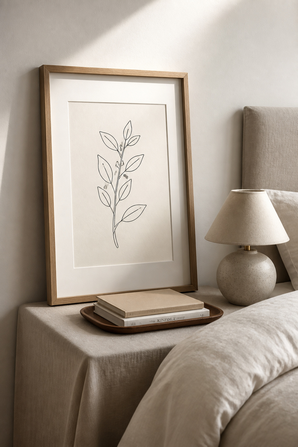 A single botanical line art print in a deep white-matted oak frame brings quiet sophistication to a minimalist bedroom wall.
