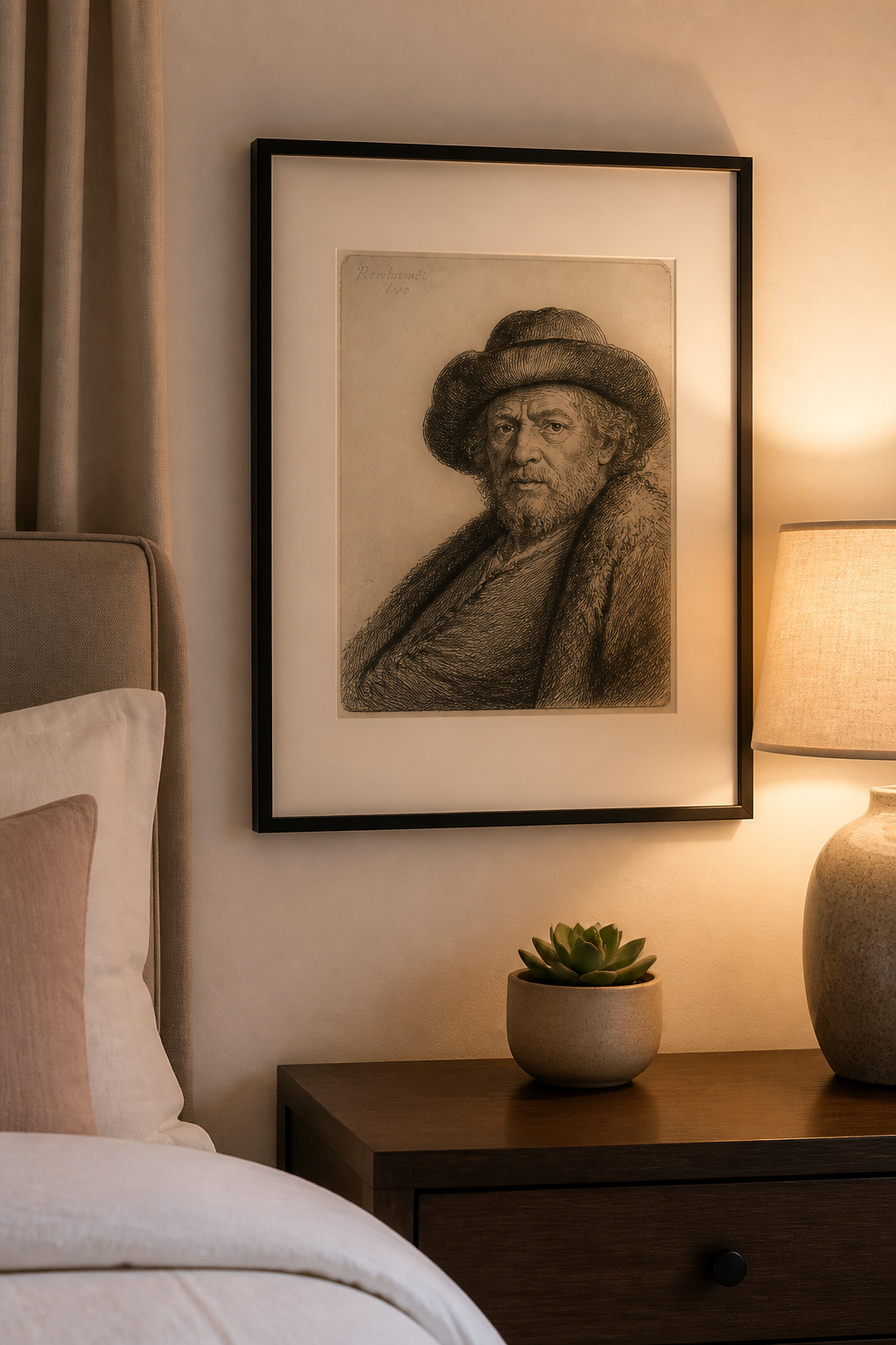 A free Rembrandt etching downloaded from the Rijksmuseum collection, printed on fine art paper and matted — gallery art at the cost of printing.