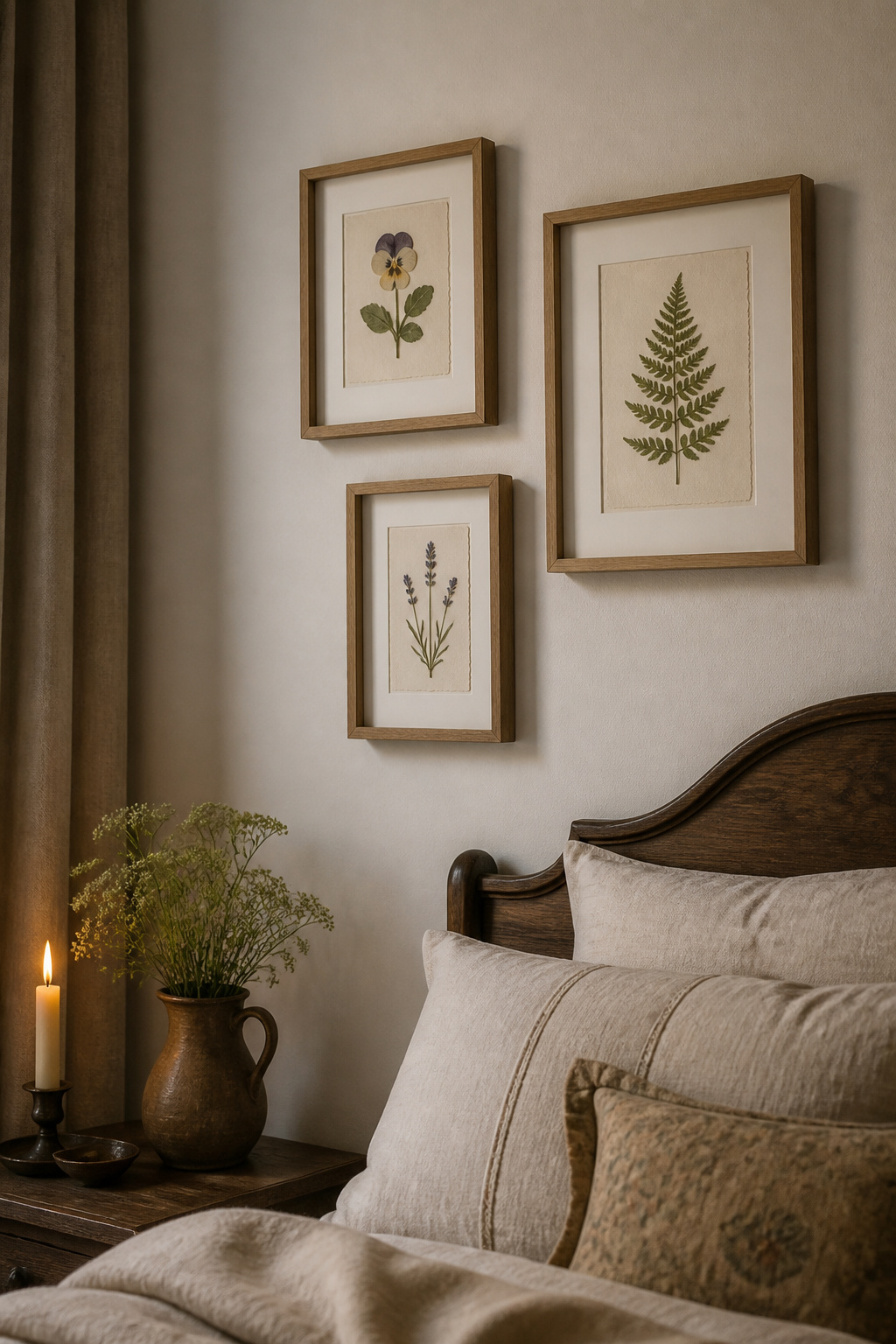 Three small shadow-framed pressed botanicals — viola, fern, and lavender — bring the actual natural world indoors in a quietly personal arrangement.