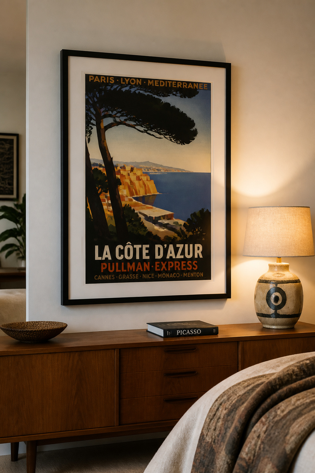 A restored 1930s French Riviera travel poster brings a whole era's aspirations to a contemporary bedroom wall.