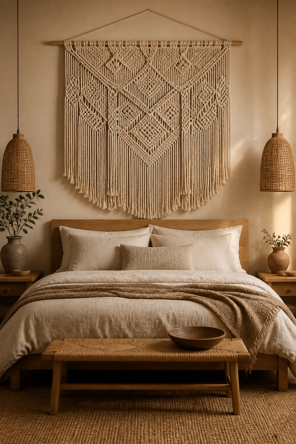 A handcrafted natural cotton macramé wall hanging adds acoustic warmth and organic texture above a linen-dressed bed.
