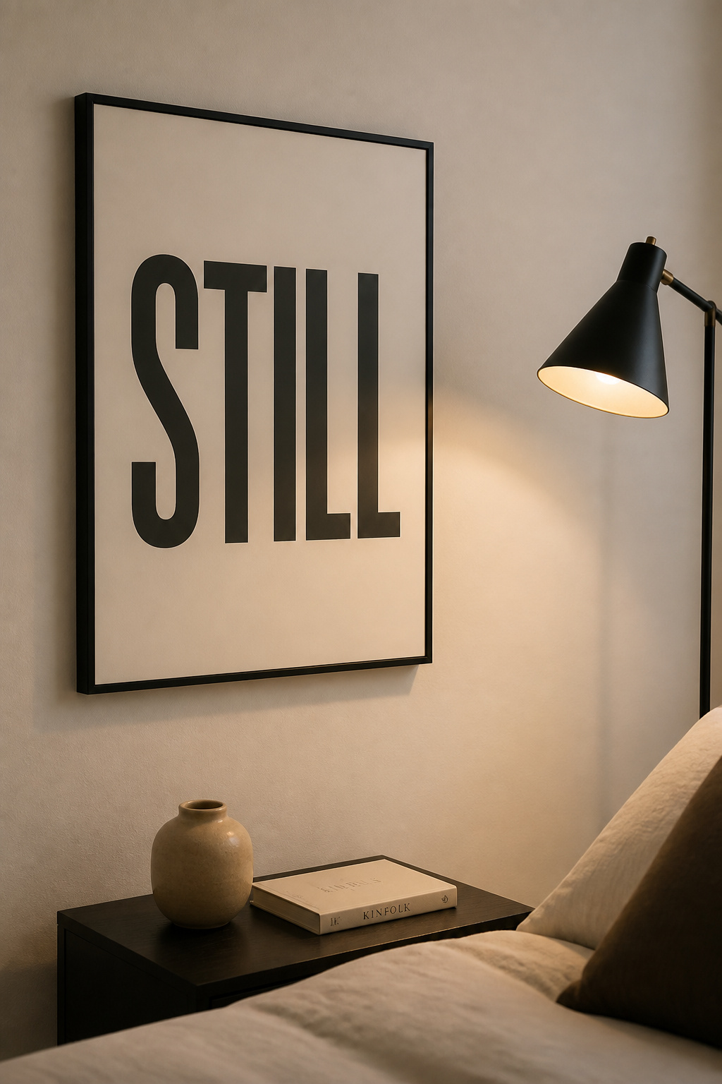 A single meaningful word in clean sans-serif becomes the room's anchor — a reminder that says something only to the person who chose it.