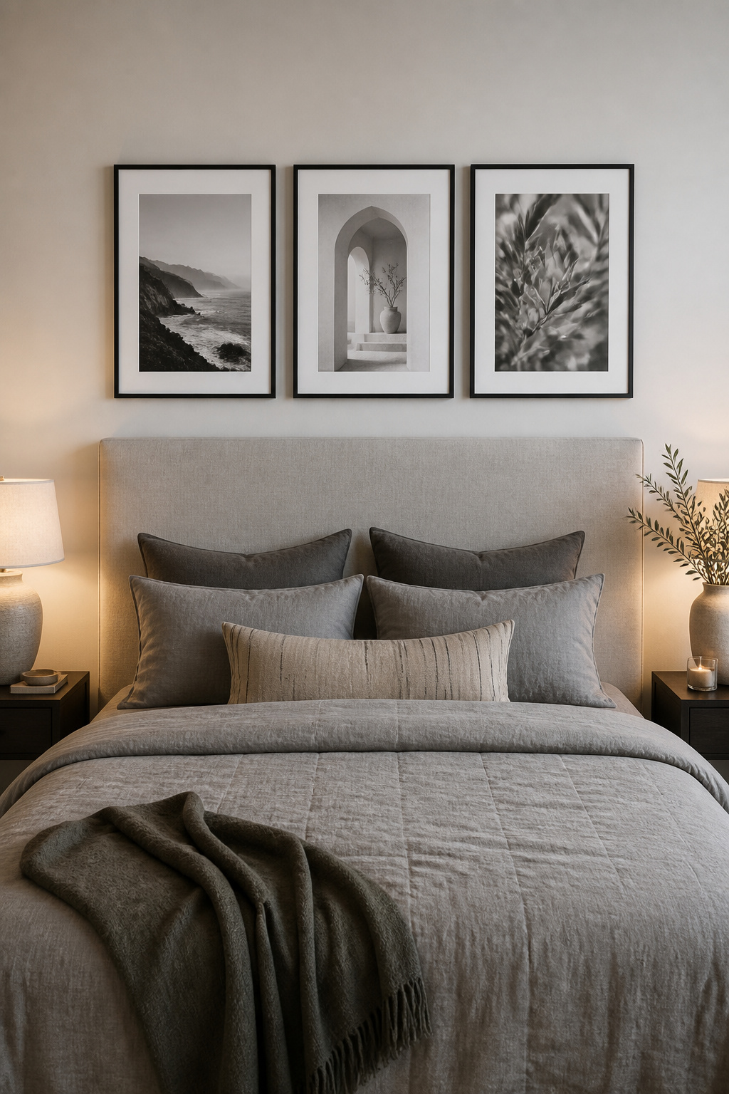 A cohesive trio of black-and-white photographs in matching black frames makes a quiet, sophisticated statement above the headboard.