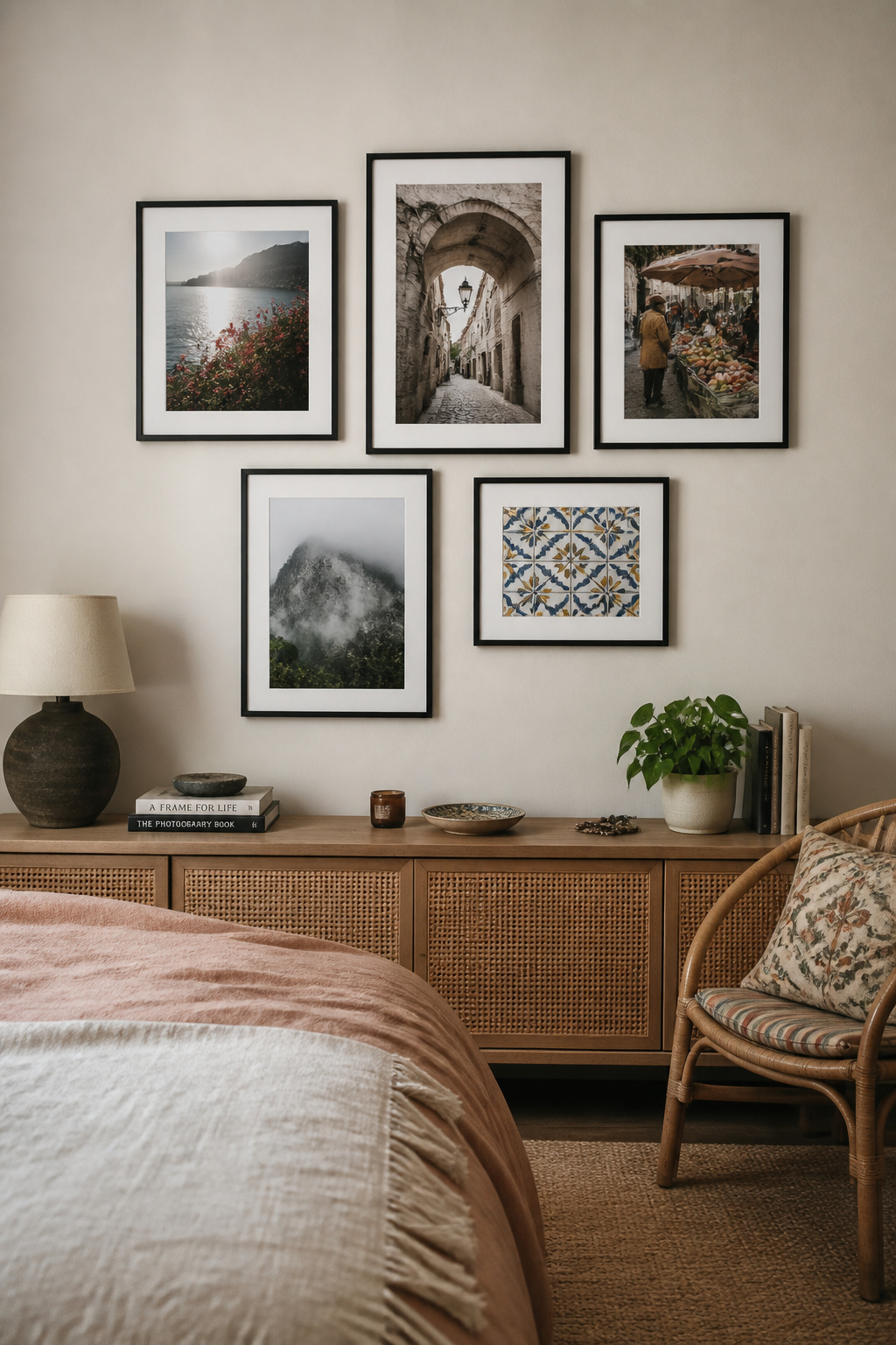 A personal cluster of travel photographs in matching black frames — memories arranged as considered art, not a digital album stuck on a wall.