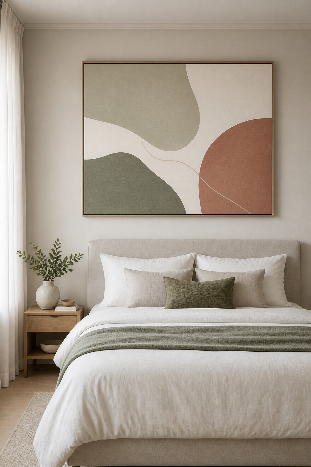 A large soft abstract print in sage, cream, and terracotta anchors a calm bedroom wall above a linen headboard.
