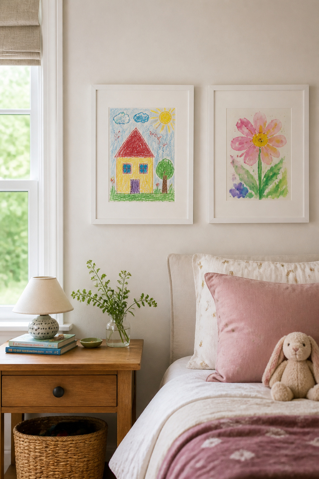 Two of a child's paintings in quality white frames with generous white mats — personal art raised to the level it deserves.