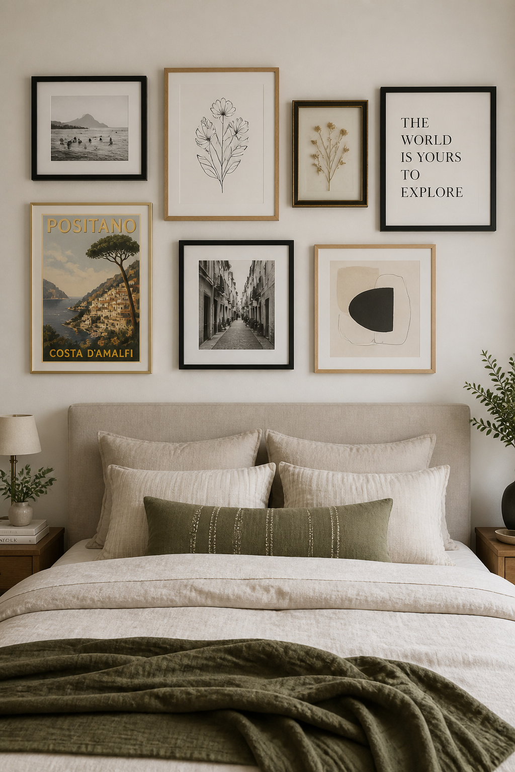 A mixed-frame gallery wall above the headboard proves that personal, collected art — not matching sets — makes the most authentic bedroom statement.