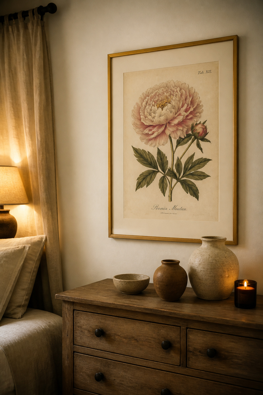 A hand-coloured vintage peony illustration in a gilded frame brings centuries of botanical artistry to a warm, neutral bedroom wall.