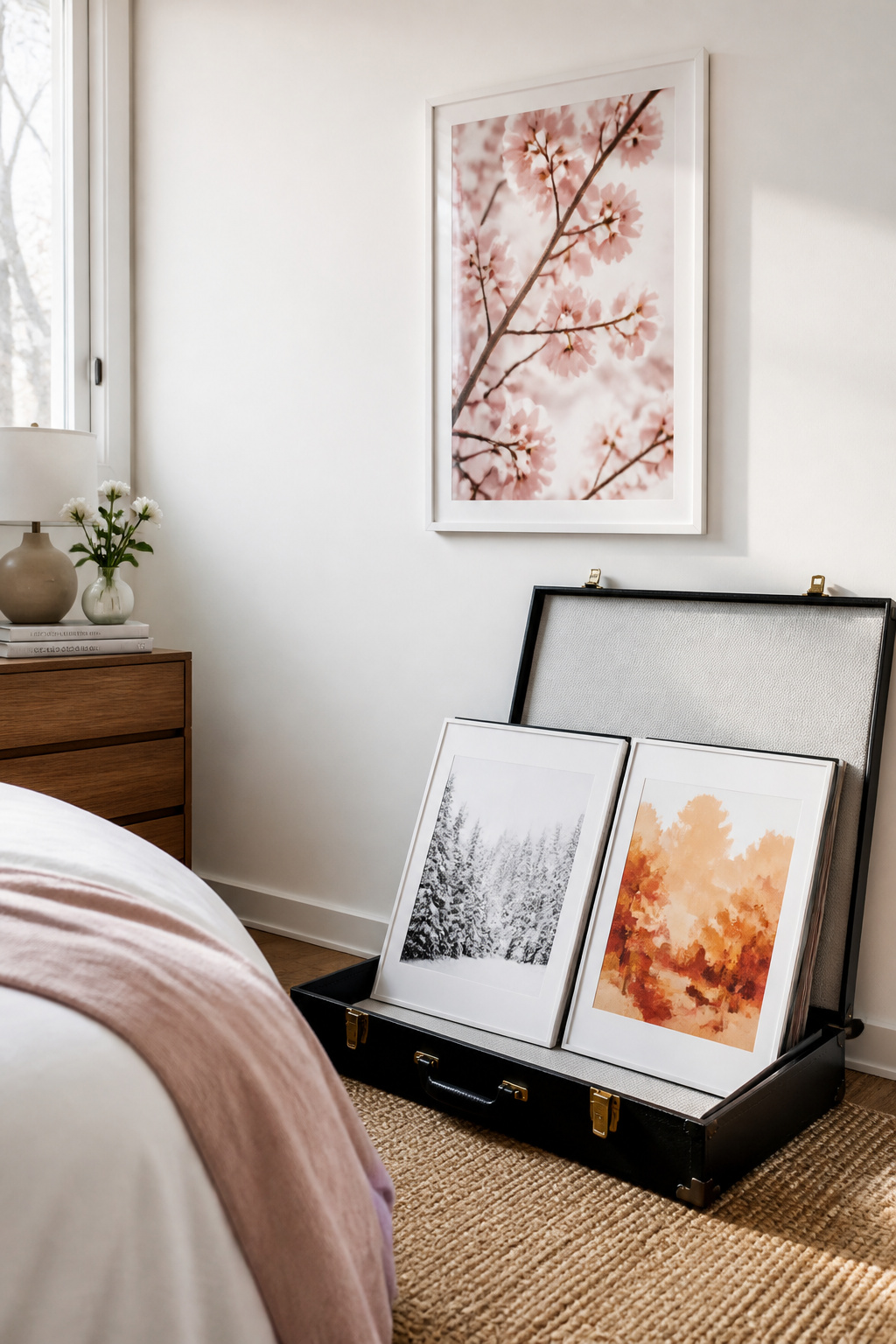 A fresh spring botanical replaces the winter print — the seasonal art rotation ritual that keeps bedroom walls from becoming invisible.