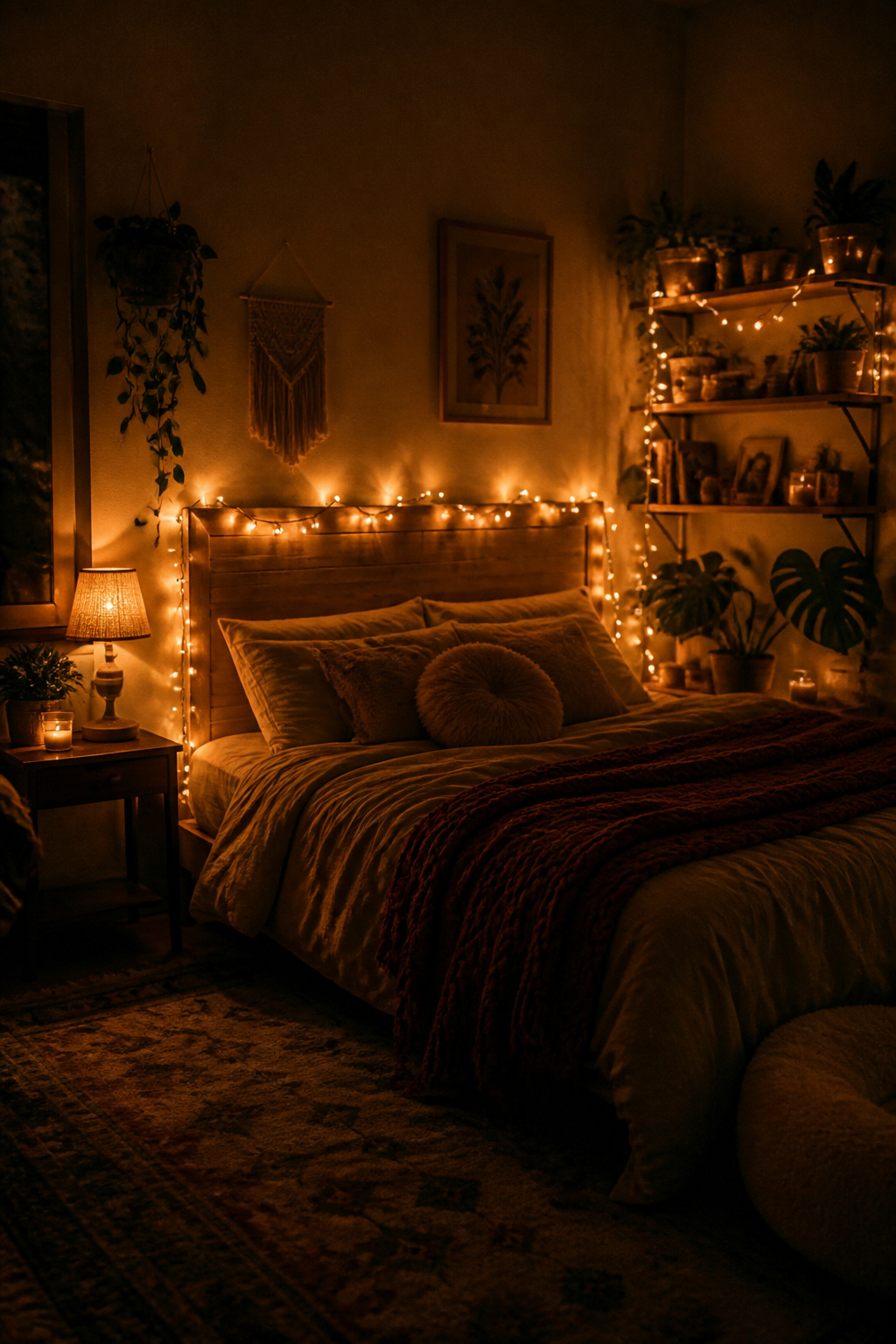 Fairy lights at 2200K–2700K mimic campfire or candlelight — one of the most instinctively soothing lighting environments humans respond to — while softening hard architectural lines throughout the room.