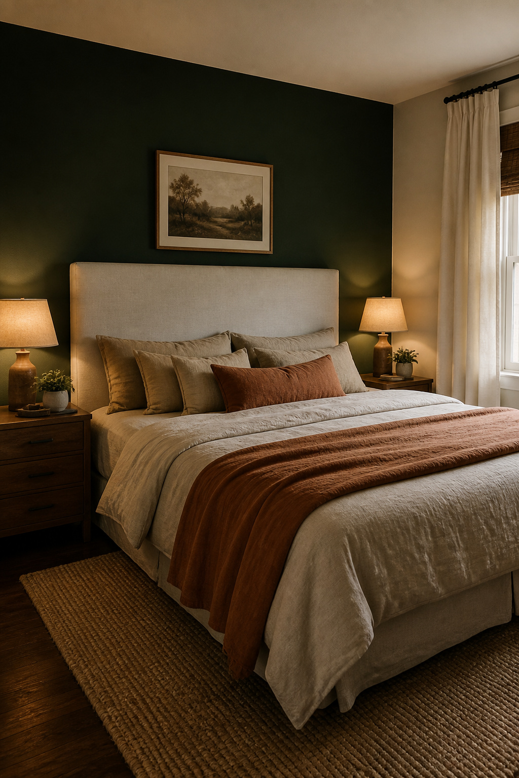 A deep forest green or warm charcoal accent wall behind the headboard creates the intimate enclosure that color psychology associates with safety and rest — proving dark colors in bedrooms read as cozy, not claustrophobic.