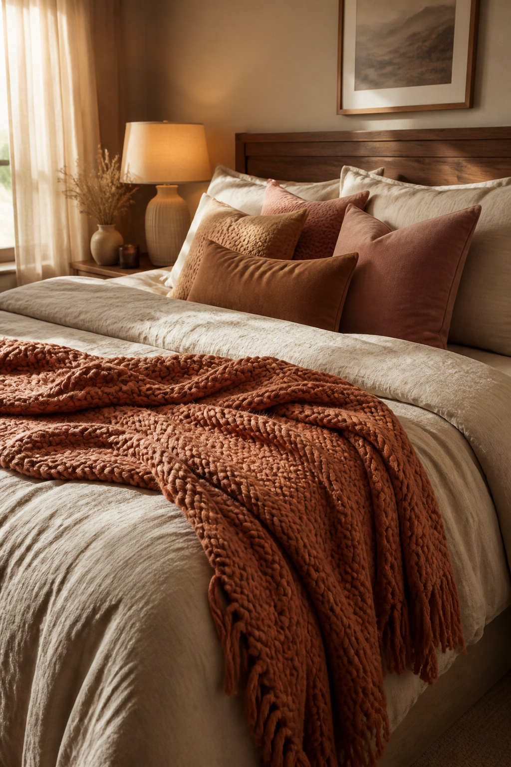 Earthy throw blankets in terracotta, ochre, and dusty rose add both tactile richness and psychological warmth — colors drawn from the same visual vocabulary as firelight and late afternoon sun.