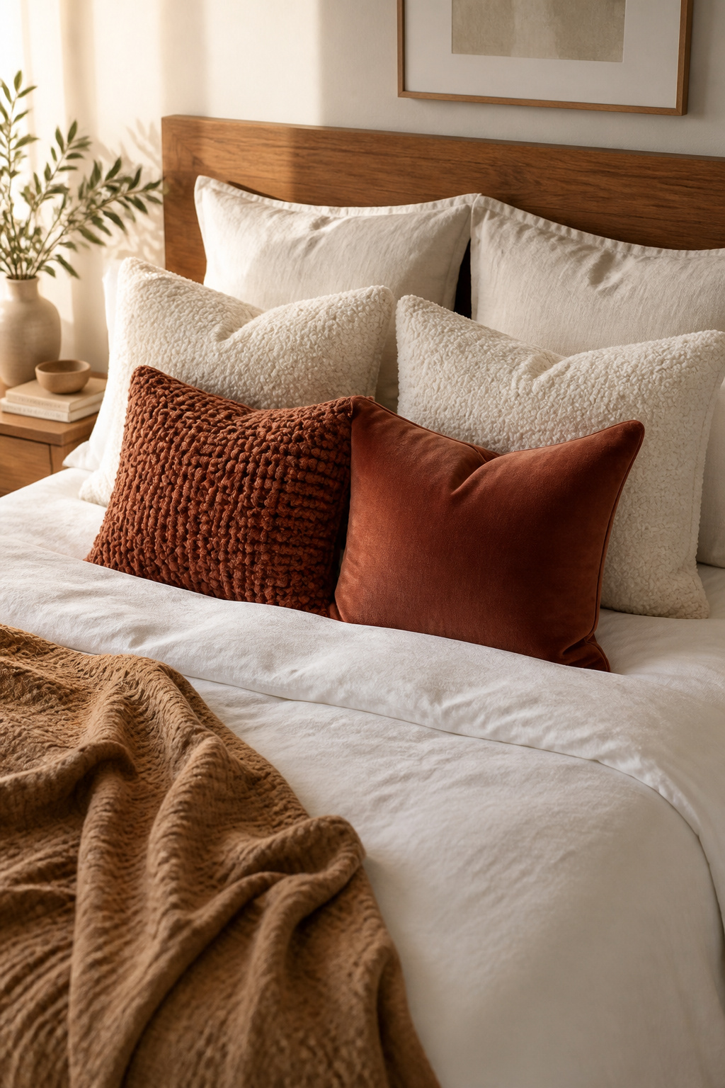 Textural variety across pillow types — velvet, chunky knit, and washed linen — signals abundance and comfort before you've even reached the bed.