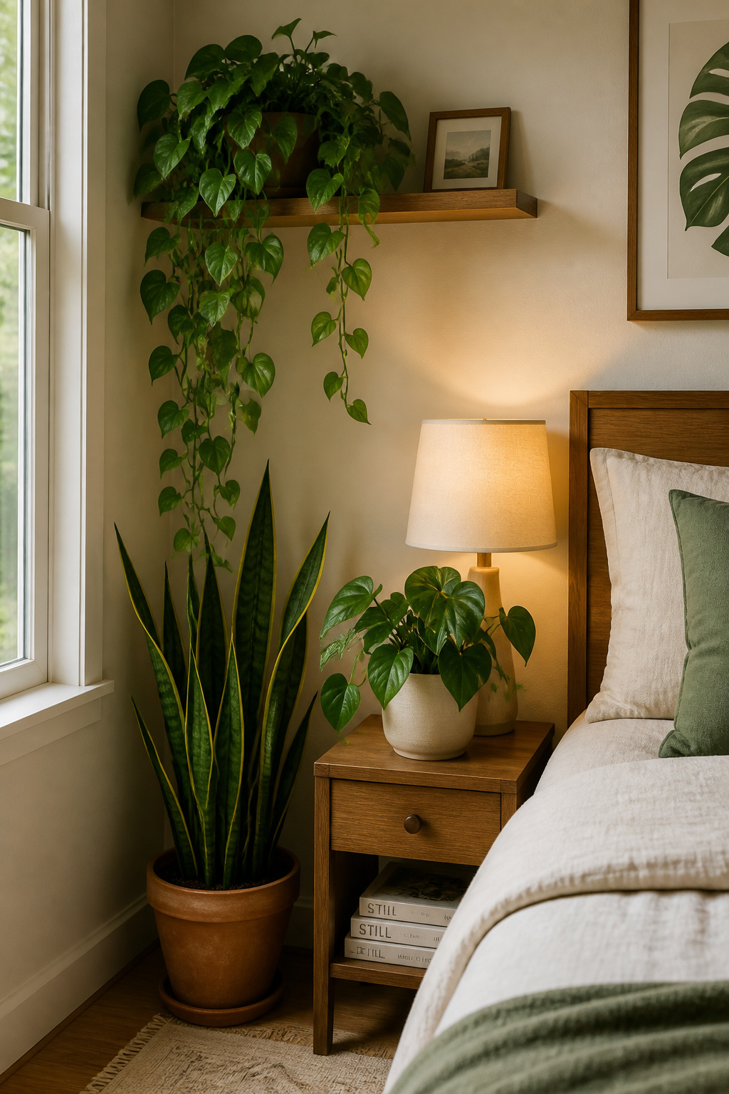 Three plants at varying heights — trailing pothos, architectural snake plant, and a small philodendron — layer biophilic warmth throughout the room and produce a measurable physiological relaxation response.