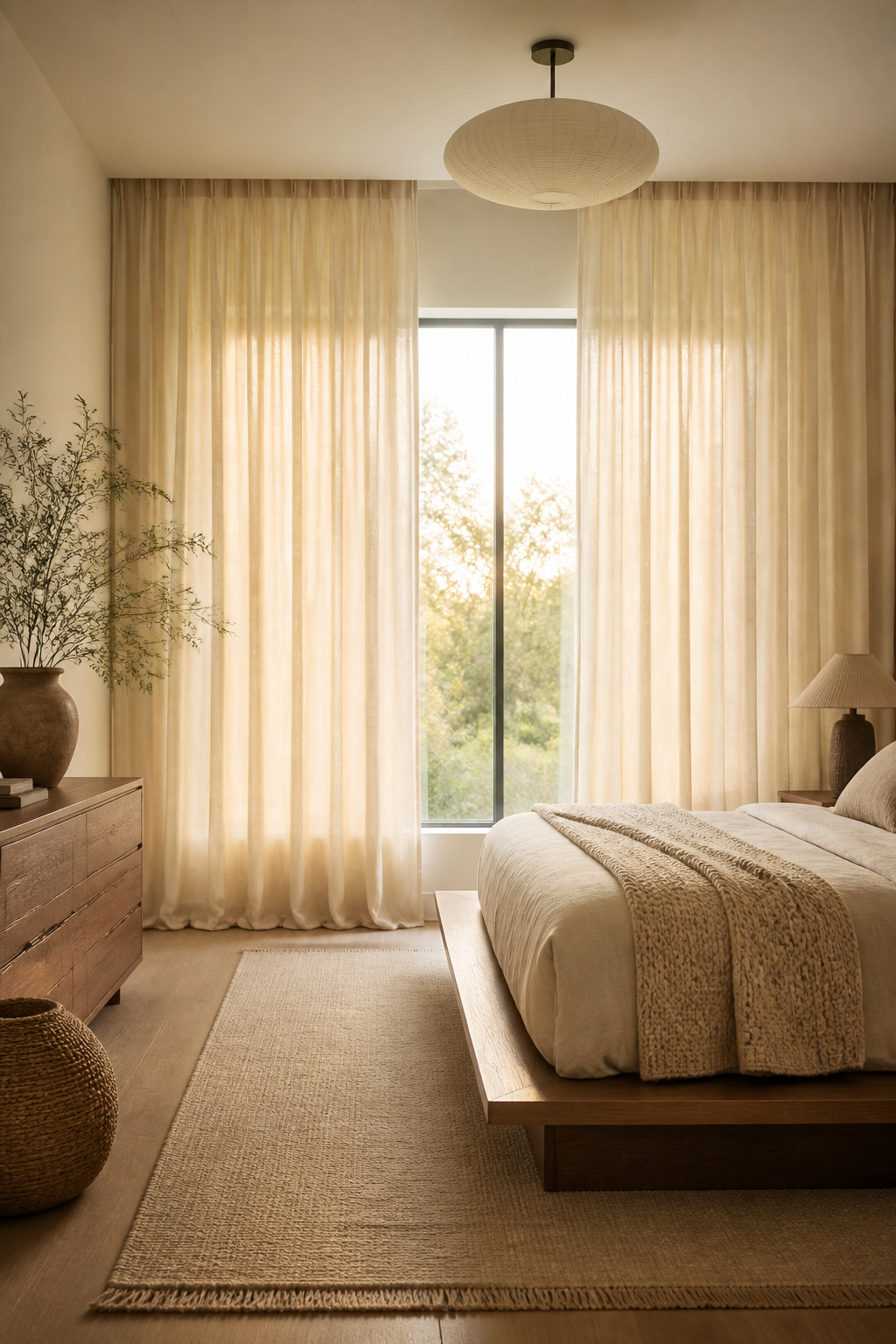 Mounting curtain rods at ceiling height — not window frame height — visually elongates walls, makes windows feel dramatically larger, and creates the enveloping, tent-like quality that makes a bedroom feel genuinely cocooning.