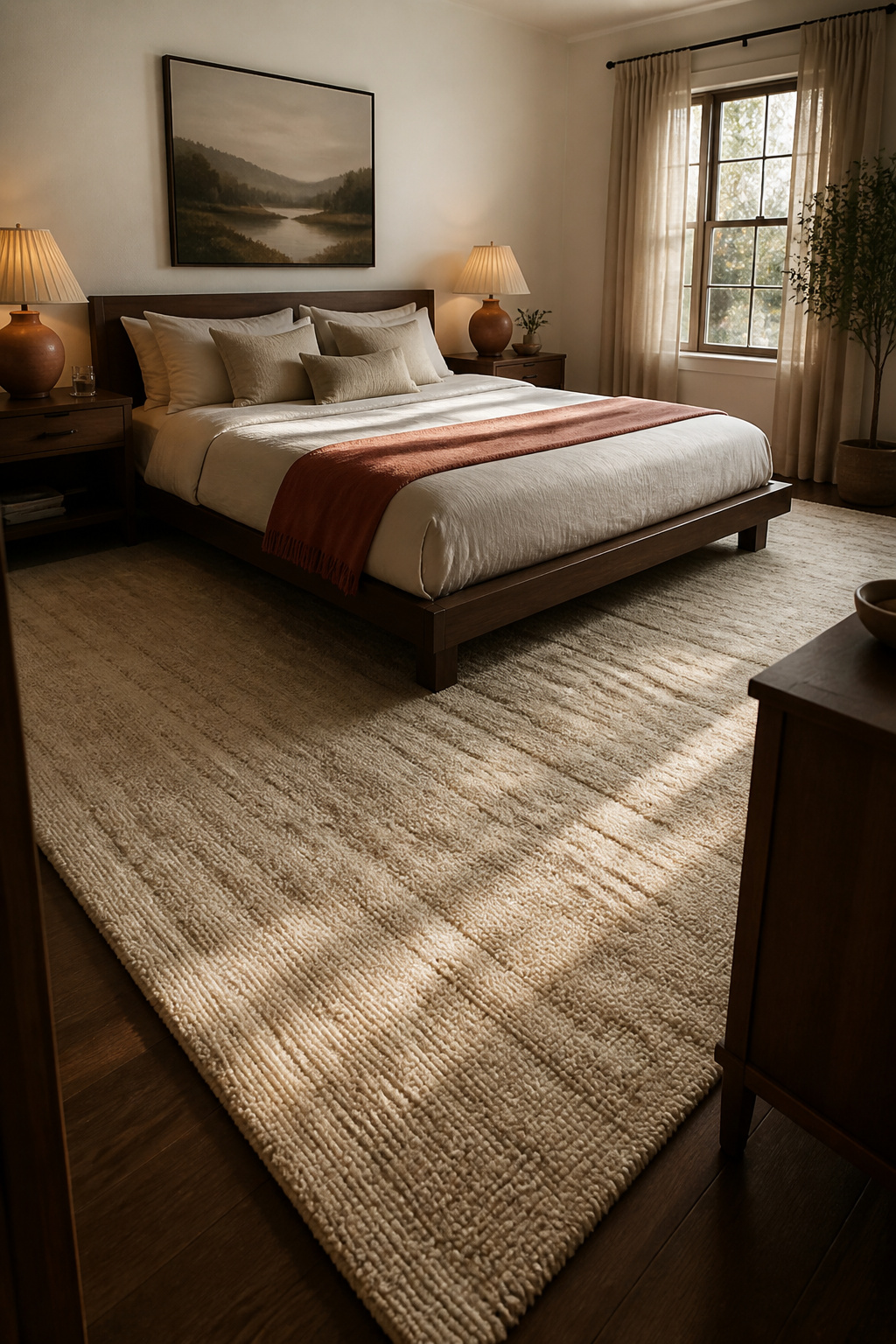 A properly sized area rug — extending at least 18 inches beyond both sides of the bed — anchors the room and provides the tactile reward of soft flooring underfoot every morning.