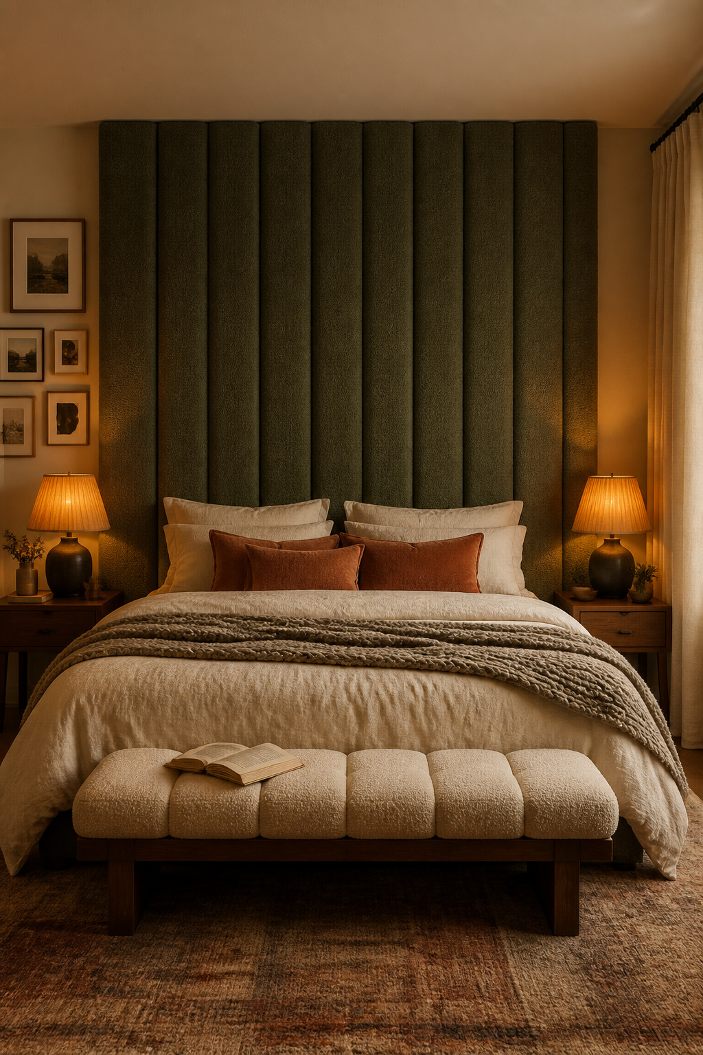 An oversized upholstered headboard in a warm texture transforms the bed into a defined focal point — the single piece of furniture that most reliably completes a bedroom's sense of anchored coziness.