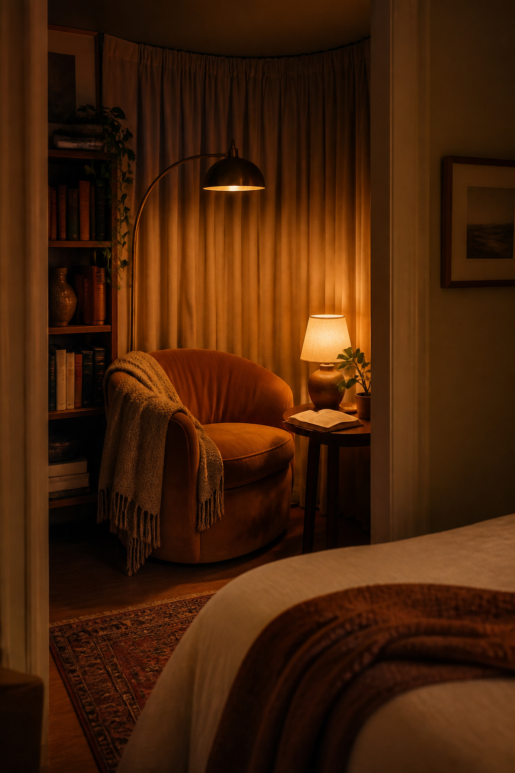 A reading nook built on prospect-refuge theory — a defined corner with soft layered light and a sense of gentle enclosure — creates a restorative zone that transforms the bedroom from single-function to multi-layered sanctuary.