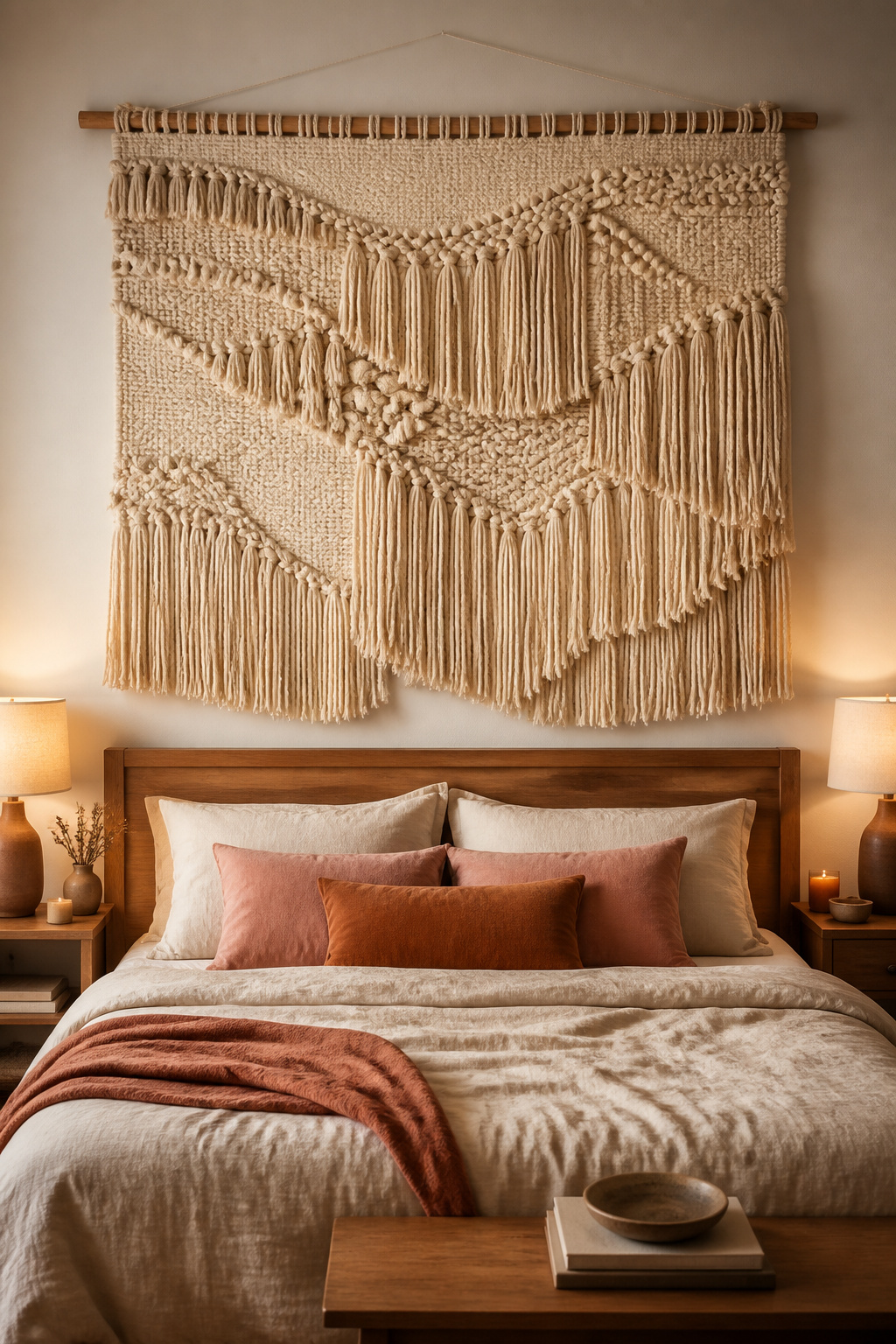 Woven wall hangings in natural cotton or wool add cozy bedroom decorations with texture that engages a different visual pathway than flat art — our brains perceive tactile depth even from across the room, registering it as richer and warmer.