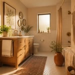 An elegant transitional bathroom where botanical prints, a mirror cluster, and macramé work together — demonstrating how bathroom wall art transforms a functional room into a personal space.
