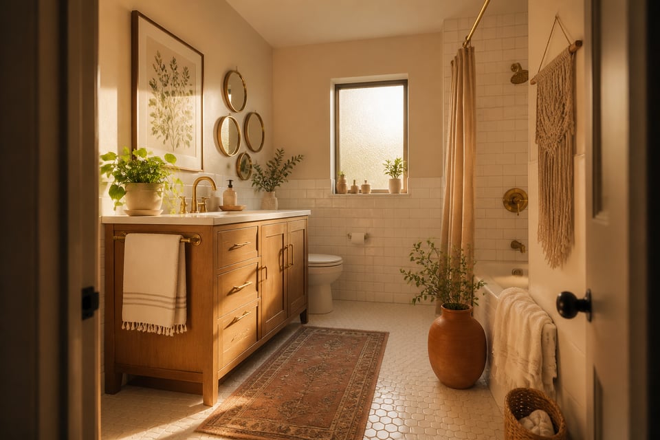 An elegant transitional bathroom where botanical prints, a mirror cluster, and macramé work together — demonstrating how bathroom wall art transforms a functional room into a personal space.