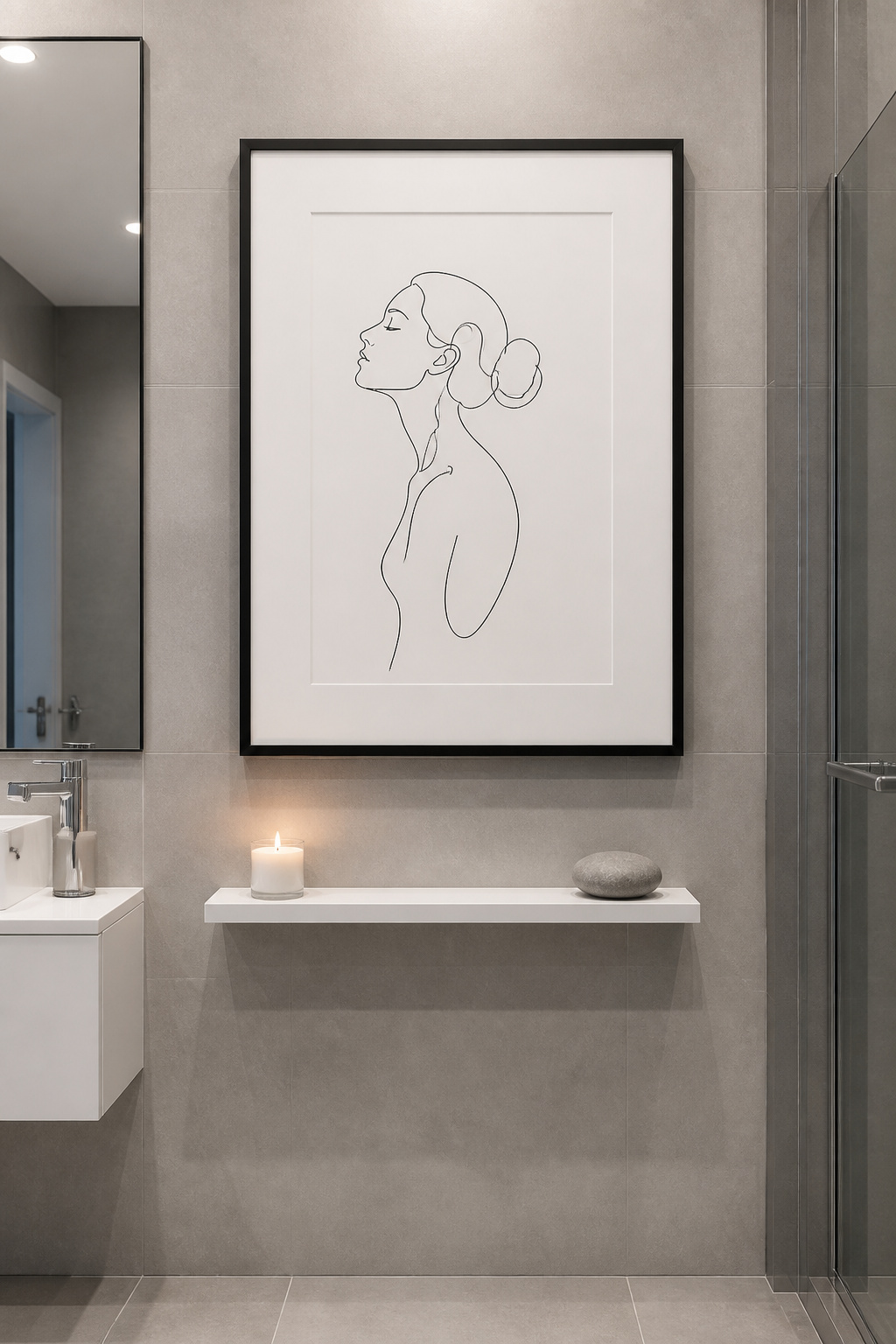 A single continuous-line figure drawing in a generous mat and thin black frame — the quietest possible art — exactly right for a minimal grey bathroom.