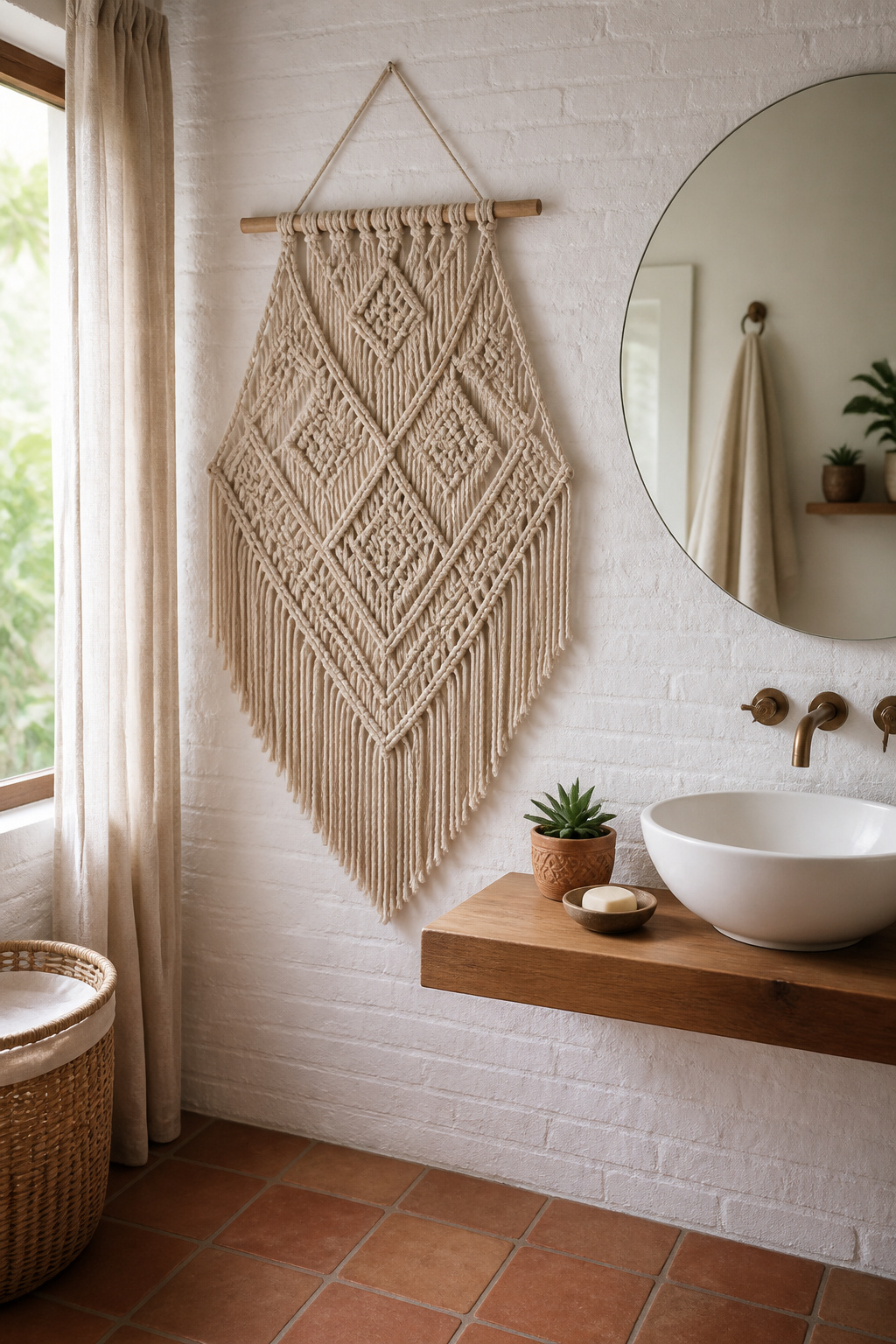 A geometric diamond-form macramé wall hanging beside a round mirror introduces the only organic warmth in a room of hard surfaces.