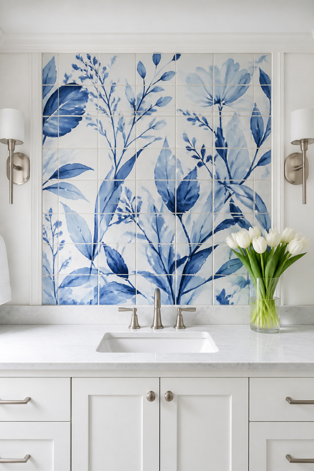 A hand-painted cobalt blue botanical ceramic mural transforms the bathroom splashback into a permanent work of art.