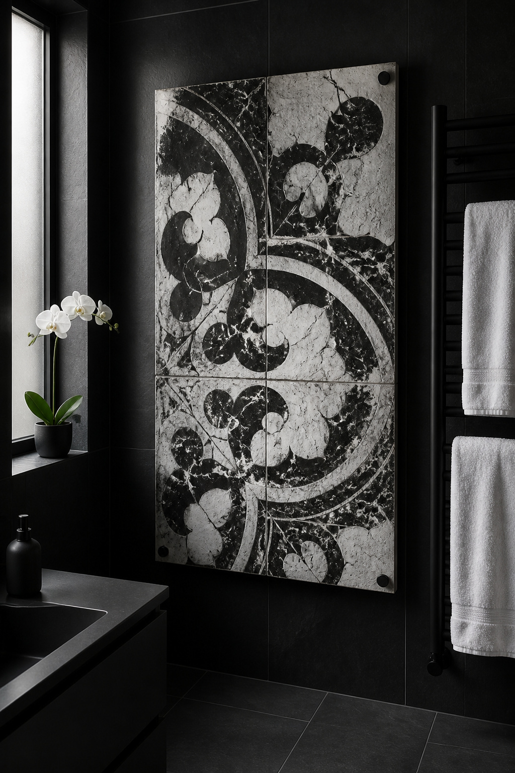 A large-format black-and-white metal print on a dark slate bathroom wall brings gallery-quality drama without framing concerns.